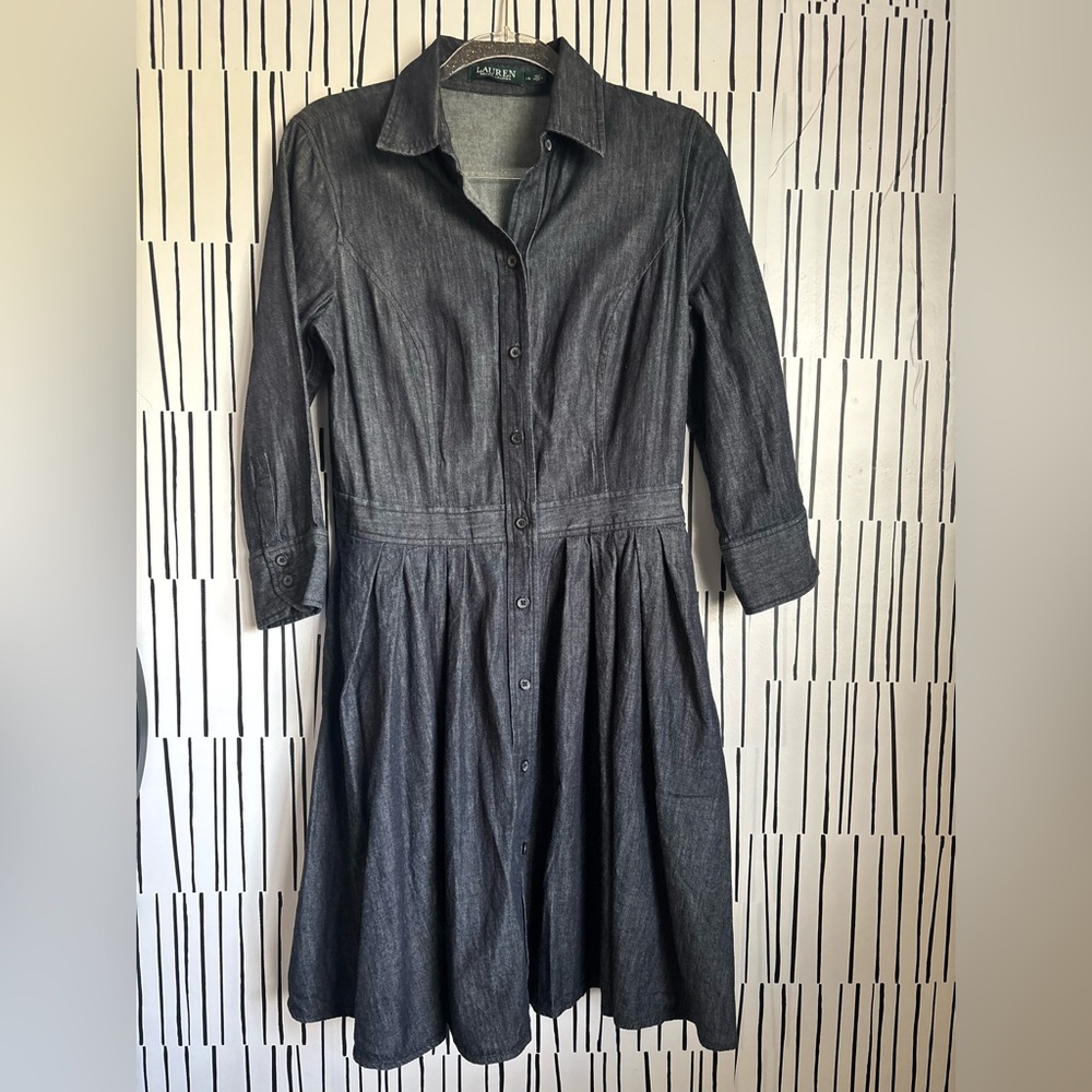 Ralph Lauren Dark Indigo Long-Sleeve Denim Shirt Dress 100% Cotton